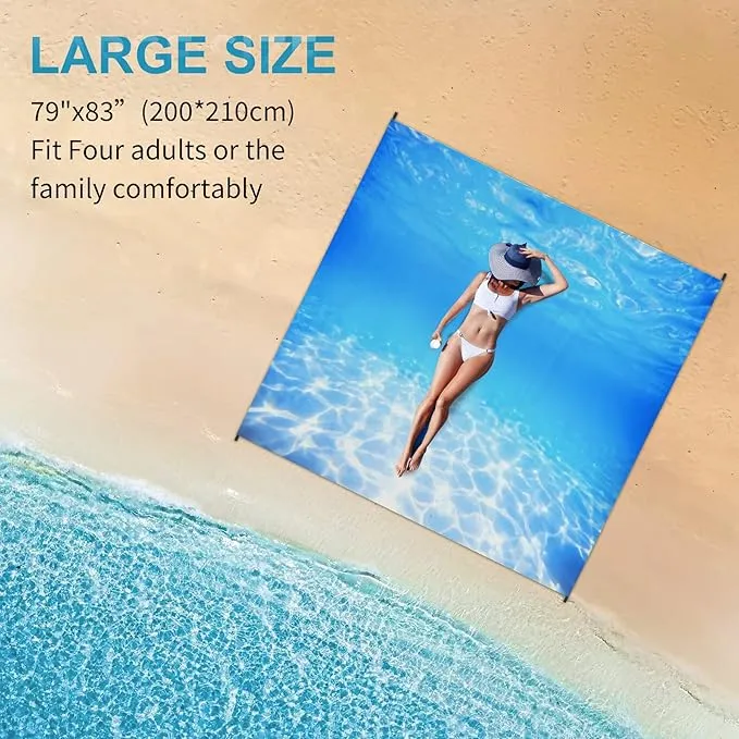 Beach Blanket 79" X 83" for 1-4 Adults,Large Beach Blanket Waterproof Sandproof,Waterproof Quick Drying Outdoor Picnic Mat,Beach Mat for Travel,Camping,Hiking