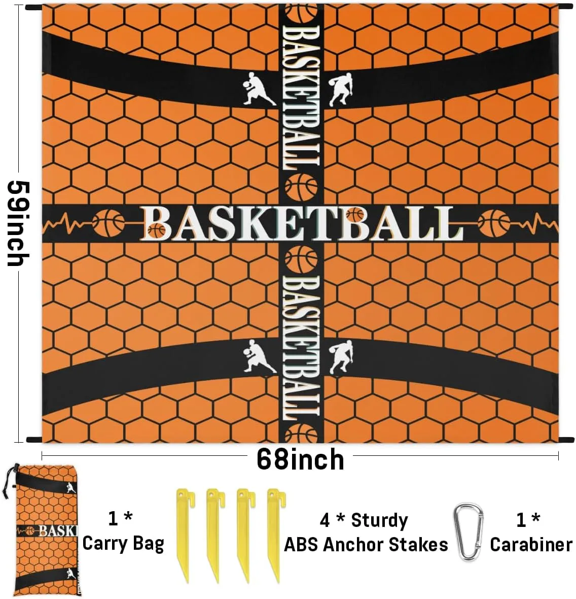 Beach Blanket, Basketball Sandproof Beach Mat, Waterproof Quick Drying Sand Free Mat with 4 x Ground Spikes for Outdoor Travel Camping Hiking, Sport Theme 68 x 59 in