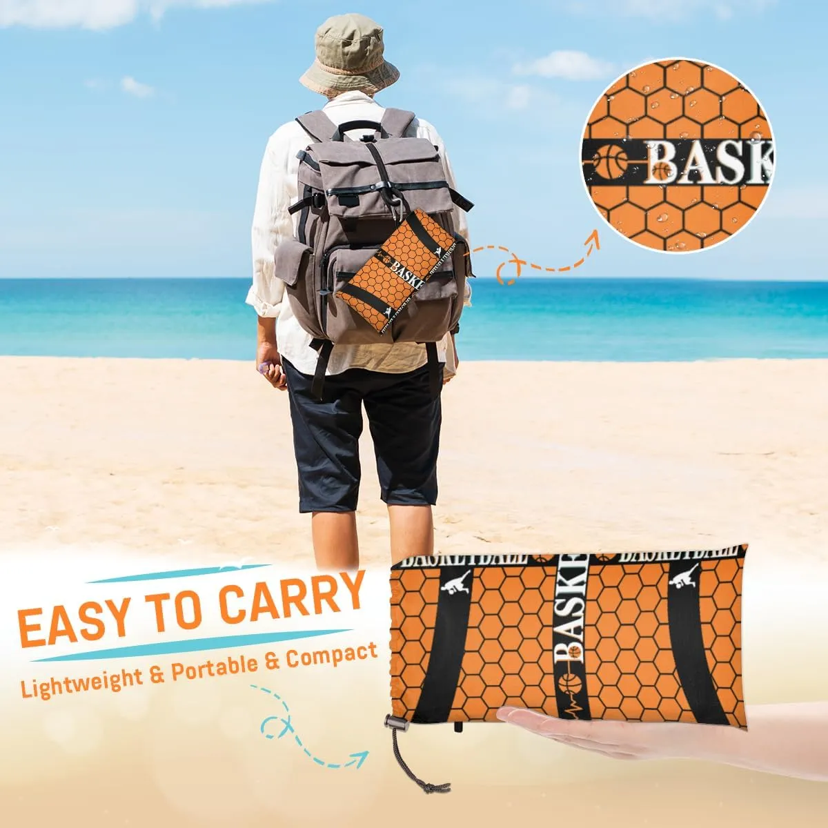 Beach Blanket, Basketball Sandproof Beach Mat, Waterproof Quick Drying Sand Free Mat with 4 x Ground Spikes for Outdoor Travel Camping Hiking, Sport Theme 68 x 59 in