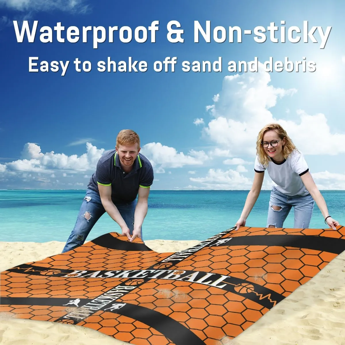 Beach Blanket, Basketball Sandproof Beach Mat, Waterproof Quick Drying Sand Free Mat with 4 x Ground Spikes for Outdoor Travel Camping Hiking, Sport Theme 68 x 59 in