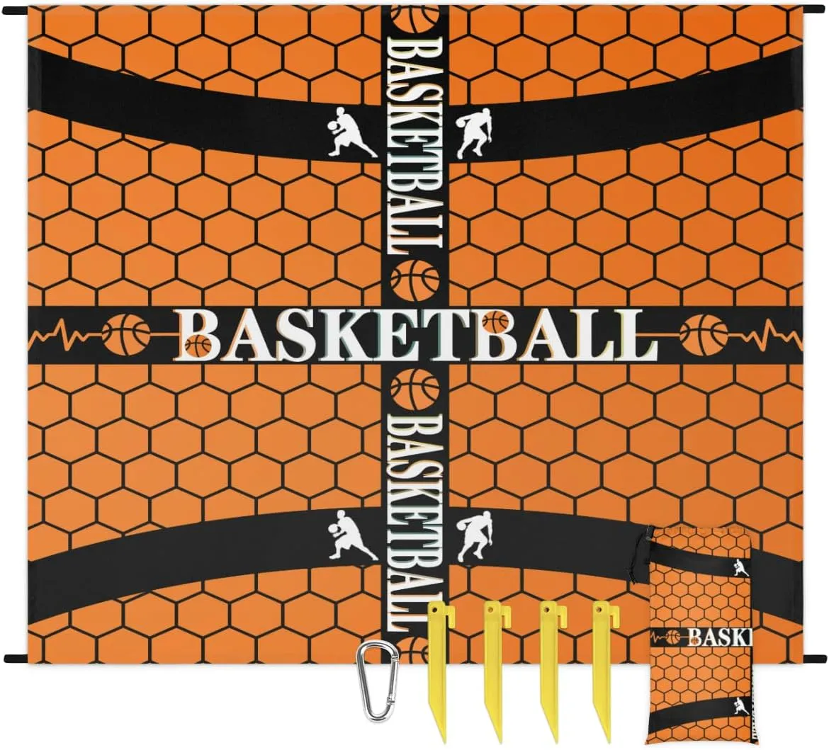 Beach Blanket, Basketball Sandproof Beach Mat, Waterproof Quick Drying Sand Free Mat with 4 x Ground Spikes for Outdoor Travel Camping Hiking, Sport Theme 68 x 59 in