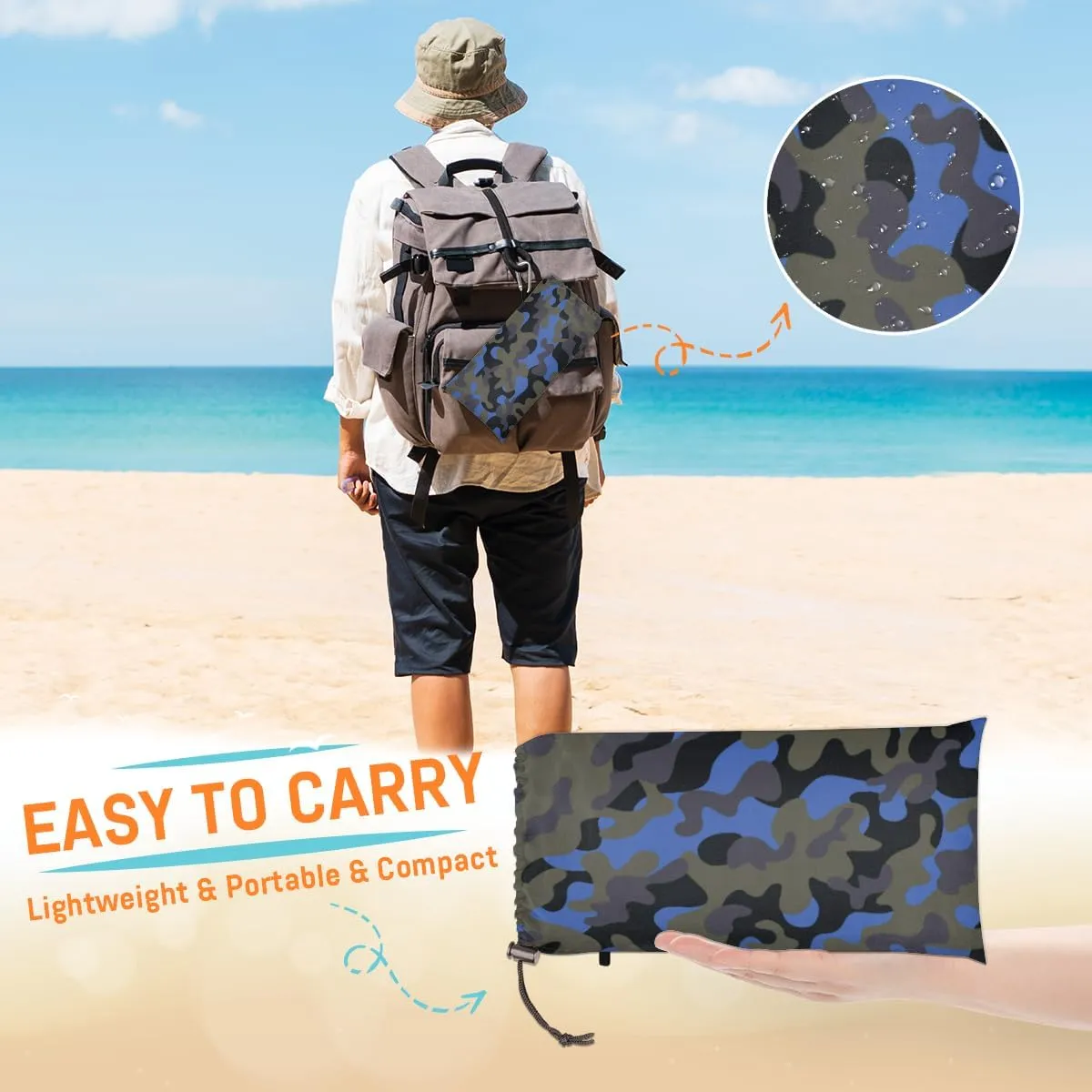 Beach Blanket, Blue Camo Sandproof Beach Mat, Waterproof Quick Drying Sand Free Mat with 4 x Ground Spikes for Outdoor Travel Camping Hiking, Camo 68 x 59 in