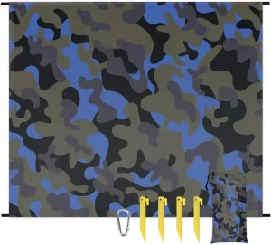 Beach Blanket, Blue Camo Sandproof Beach Mat, Waterproof Quick Drying Sand Free Mat with 4 x Ground Spikes for Outdoor Travel Camping Hiking, Camo 68 x 59 in