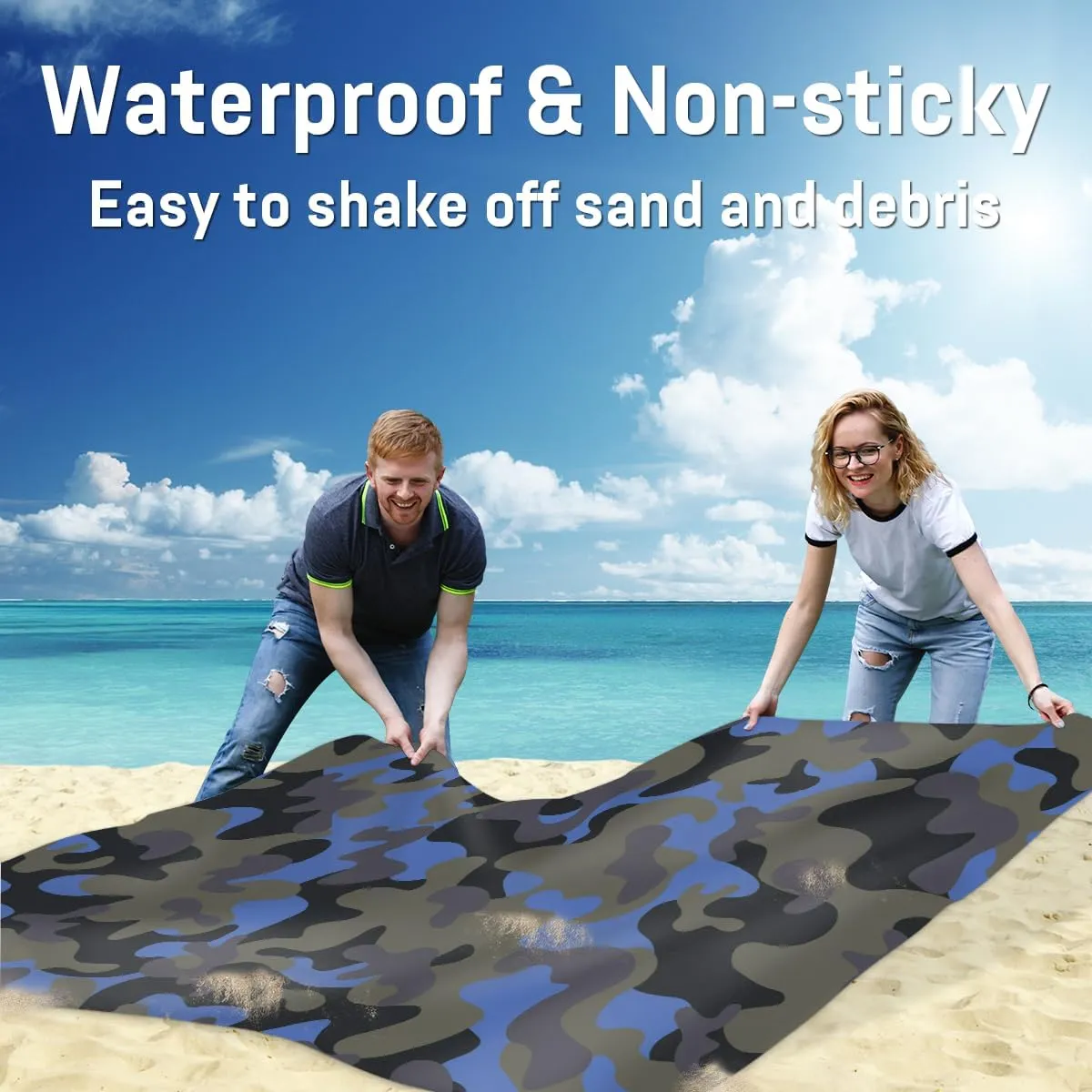 Beach Blanket, Blue Camo Sandproof Beach Mat, Waterproof Quick Drying Sand Free Mat with 4 x Ground Spikes for Outdoor Travel Camping Hiking, Camo 68 x 59 in