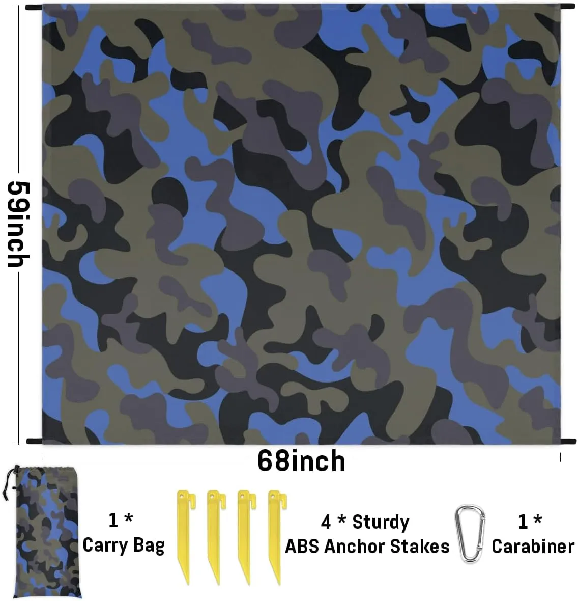 Beach Blanket, Blue Camo Sandproof Beach Mat, Waterproof Quick Drying Sand Free Mat with 4 x Ground Spikes for Outdoor Travel Camping Hiking, Camo 68 x 59 in