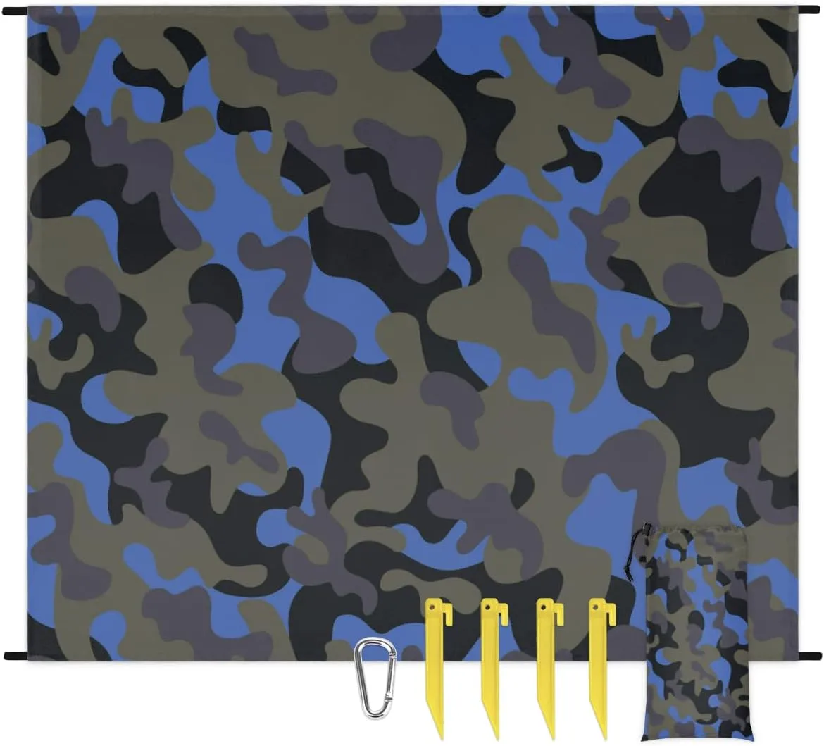 Beach Blanket, Blue Camo Sandproof Beach Mat, Waterproof Quick Drying Sand Free Mat with 4 x Ground Spikes for Outdoor Travel Camping Hiking, Camo 68 x 59 in