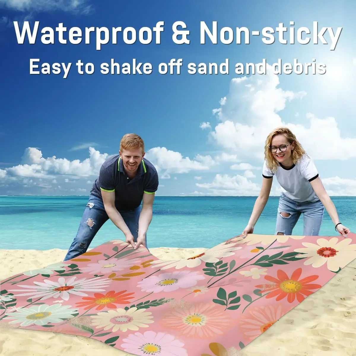Beach Blanket, Daisy Sandproof Beach Mat, Waterproof Quick Drying Sand Free Mat with 4 x Ground Spikes for Outdoor Travel Camping Hiking, Floral Eucalyptus Leaves 68 x 59 in