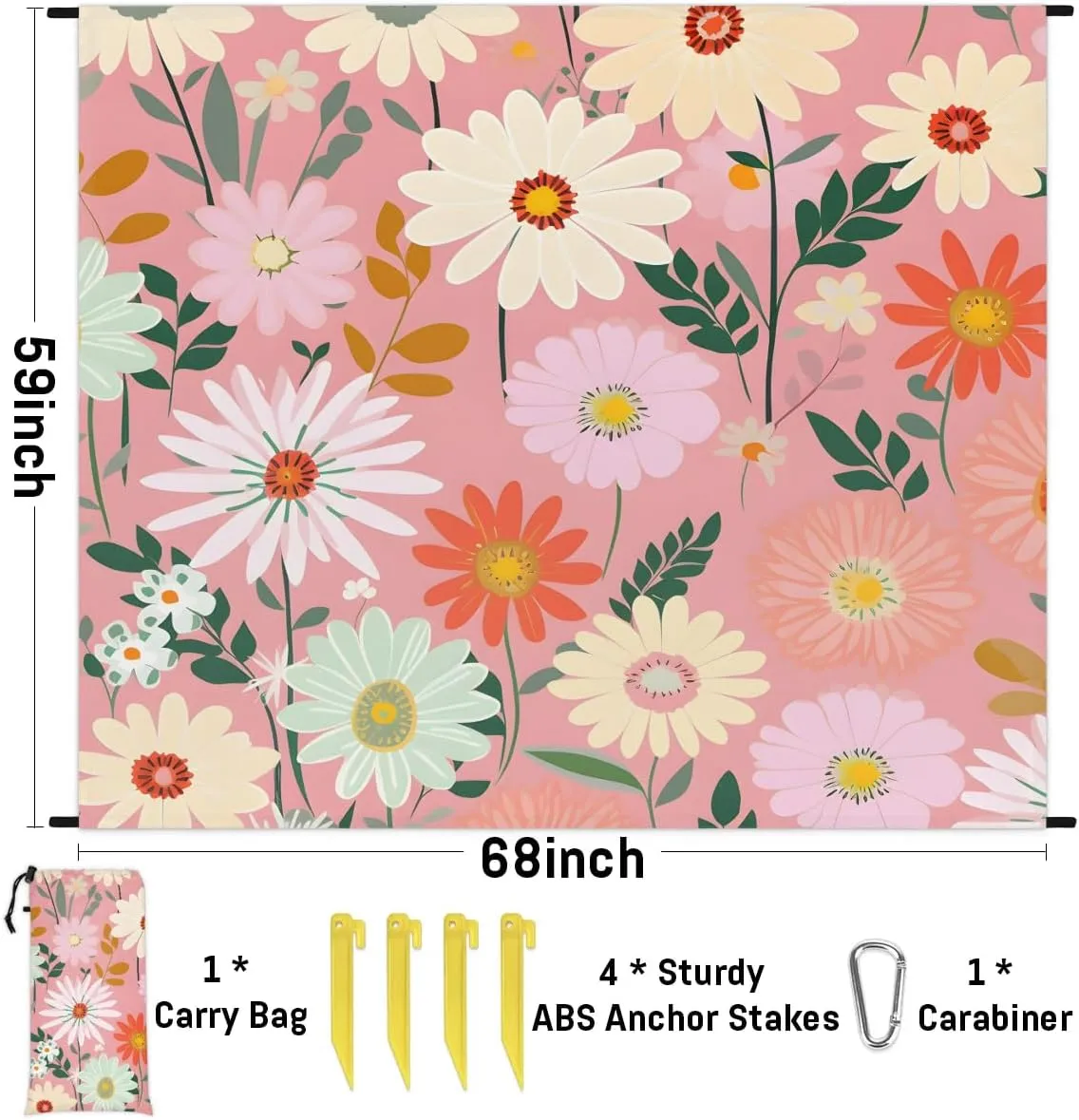 Beach Blanket, Daisy Sandproof Beach Mat, Waterproof Quick Drying Sand Free Mat with 4 x Ground Spikes for Outdoor Travel Camping Hiking, Floral Eucalyptus Leaves 68 x 59 in