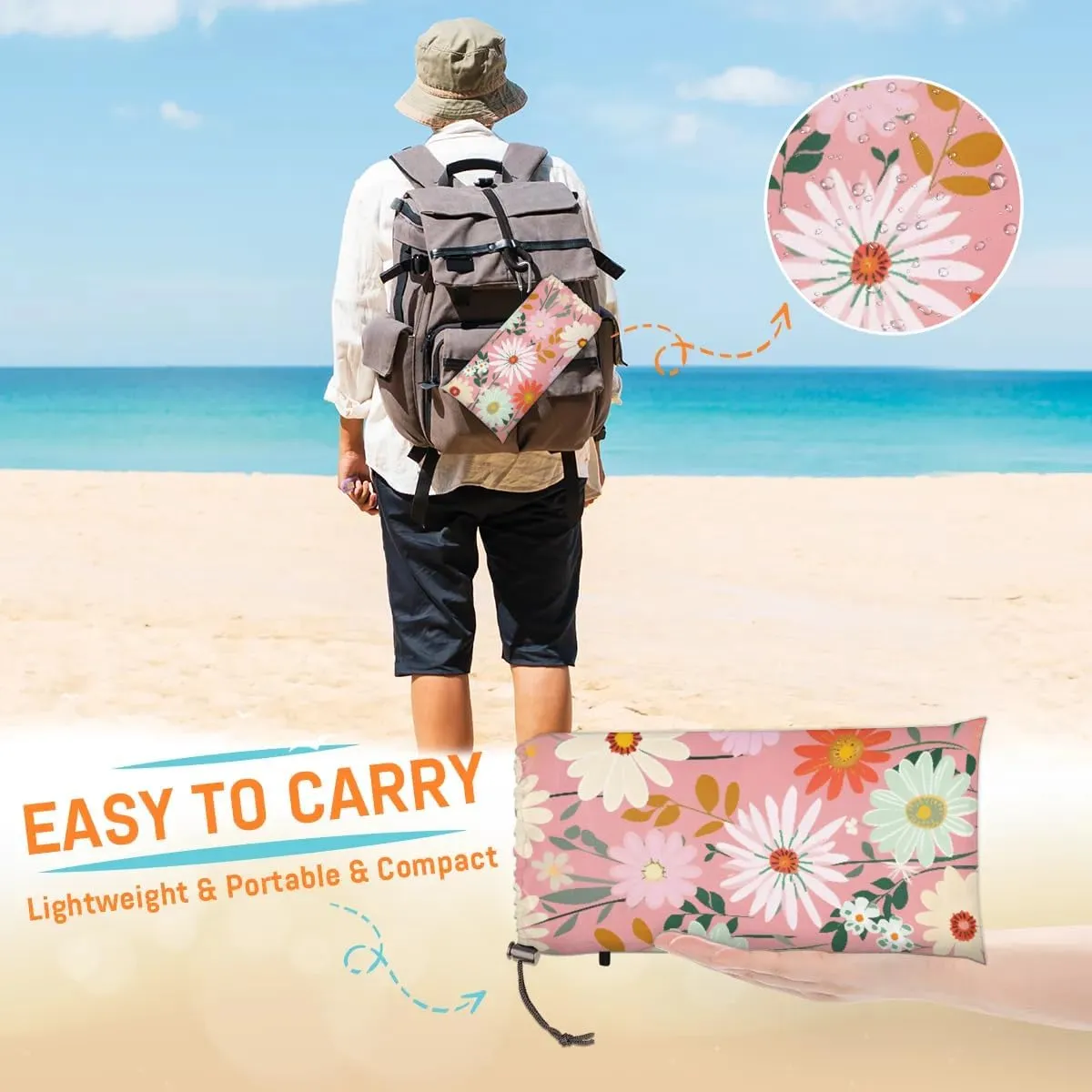 Beach Blanket, Daisy Sandproof Beach Mat, Waterproof Quick Drying Sand Free Mat with 4 x Ground Spikes for Outdoor Travel Camping Hiking, Floral Eucalyptus Leaves 68 x 59 in