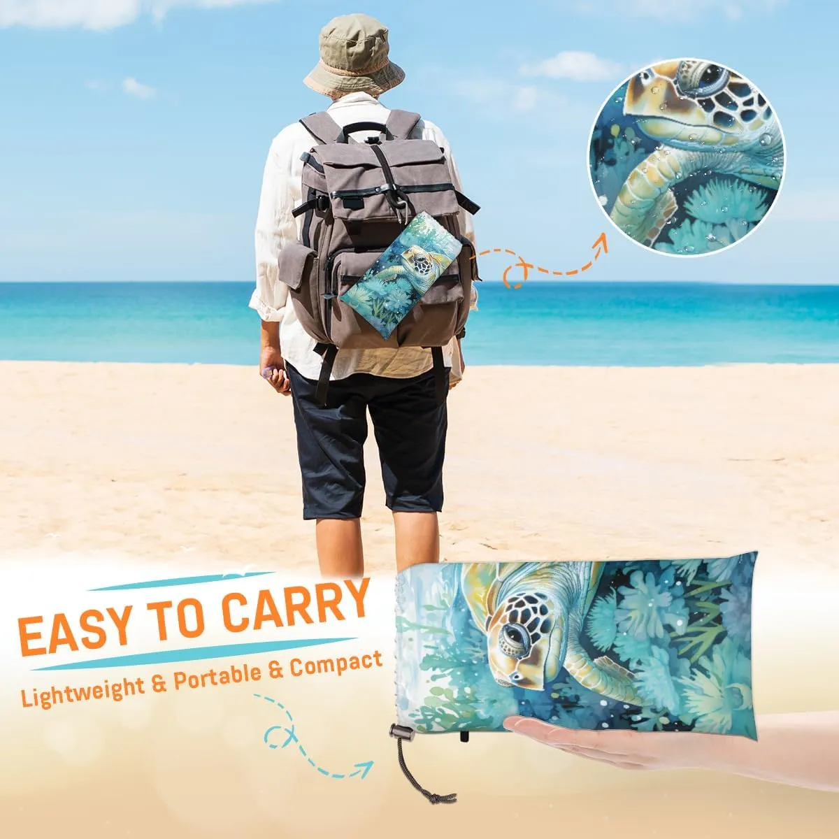 Beach Blanket, Funny Turtle Sandproof Beach Mat, Waterproof Quick Drying Sand Free Mat with 4 x Ground Spikes for Outdoor Travel Camping Hiking, Sea Animals 68 x 59 in