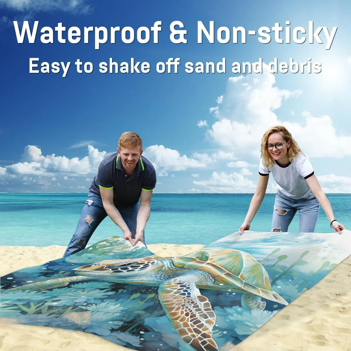 Beach Blanket, Funny Turtle Sandproof Beach Mat, Waterproof Quick Drying Sand Free Mat with 4 x Ground Spikes for Outdoor Travel Camping Hiking, Sea Animals 68 x 59 in