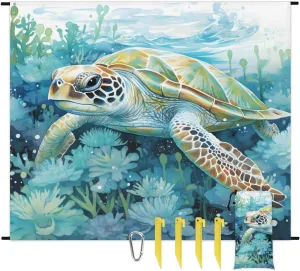 Beach Blanket, Funny Turtle Sandproof Beach Mat, Waterproof Quick Drying Sand Free Mat with 4 x Ground Spikes for Outdoor Travel Camping Hiking, Sea Animals 68 x 59 in