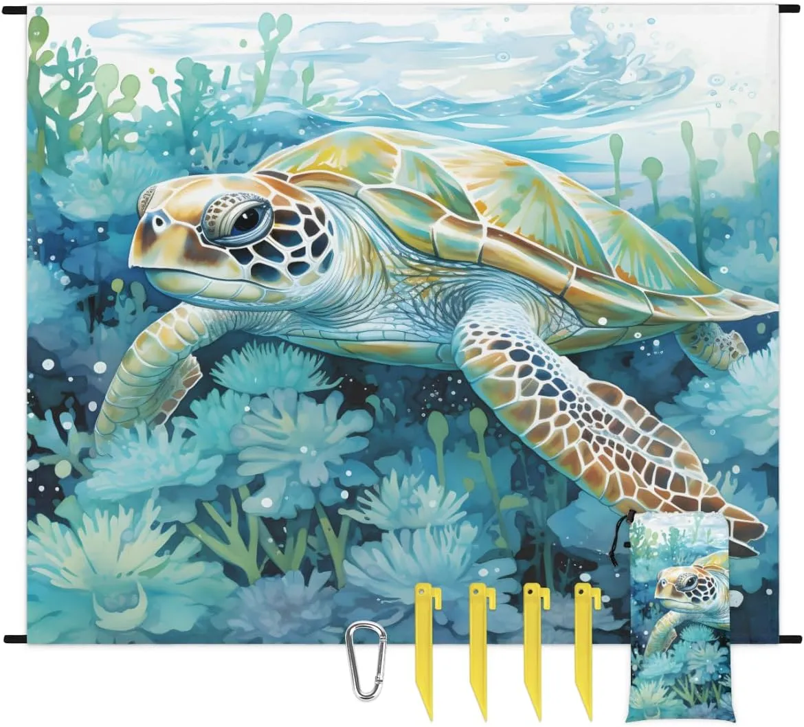 Beach Blanket, Funny Turtle Sandproof Beach Mat, Waterproof Quick Drying Sand Free Mat with 4 x Ground Spikes for Outdoor Travel Camping Hiking, Sea Animals 68 x 59 in