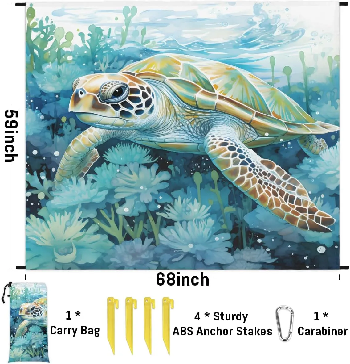 Beach Blanket, Funny Turtle Sandproof Beach Mat, Waterproof Quick Drying Sand Free Mat with 4 x Ground Spikes for Outdoor Travel Camping Hiking, Sea Animals 68 x 59 in