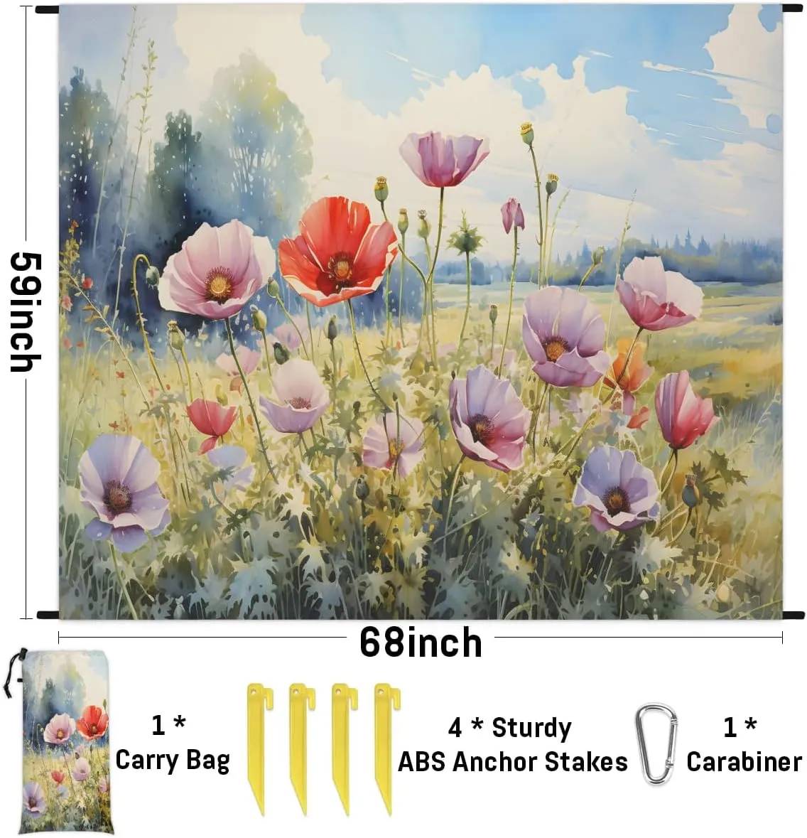 Beach Blanket, Rustic Poppy Flowers Sandproof Beach Mat, Waterproof Quick Drying Sand Free Mat with 4 x Ground Spikes for Outdoor Travel Camping Hiking, Watercolor Wildflowers 68 x 59 in