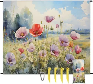 Beach Blanket, Rustic Poppy Flowers Sandproof Beach Mat, Waterproof Quick Drying Sand Free Mat with 4 x Ground Spikes for Outdoor Travel Camping Hiking, Watercolor Wildflowers 68 x 59 in