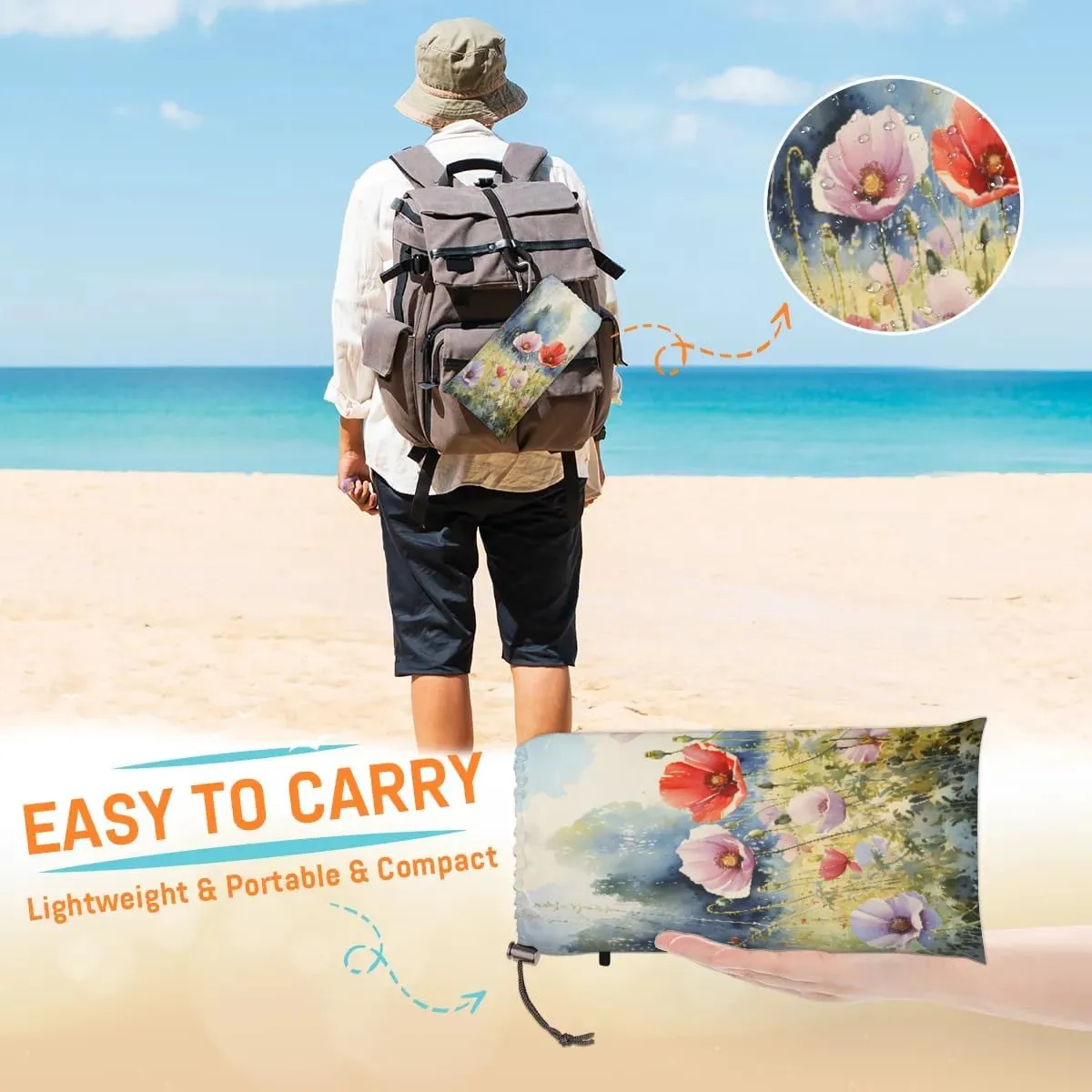 Beach Blanket, Rustic Poppy Flowers Sandproof Beach Mat, Waterproof Quick Drying Sand Free Mat with 4 x Ground Spikes for Outdoor Travel Camping Hiking, Watercolor Wildflowers 68 x 59 in
