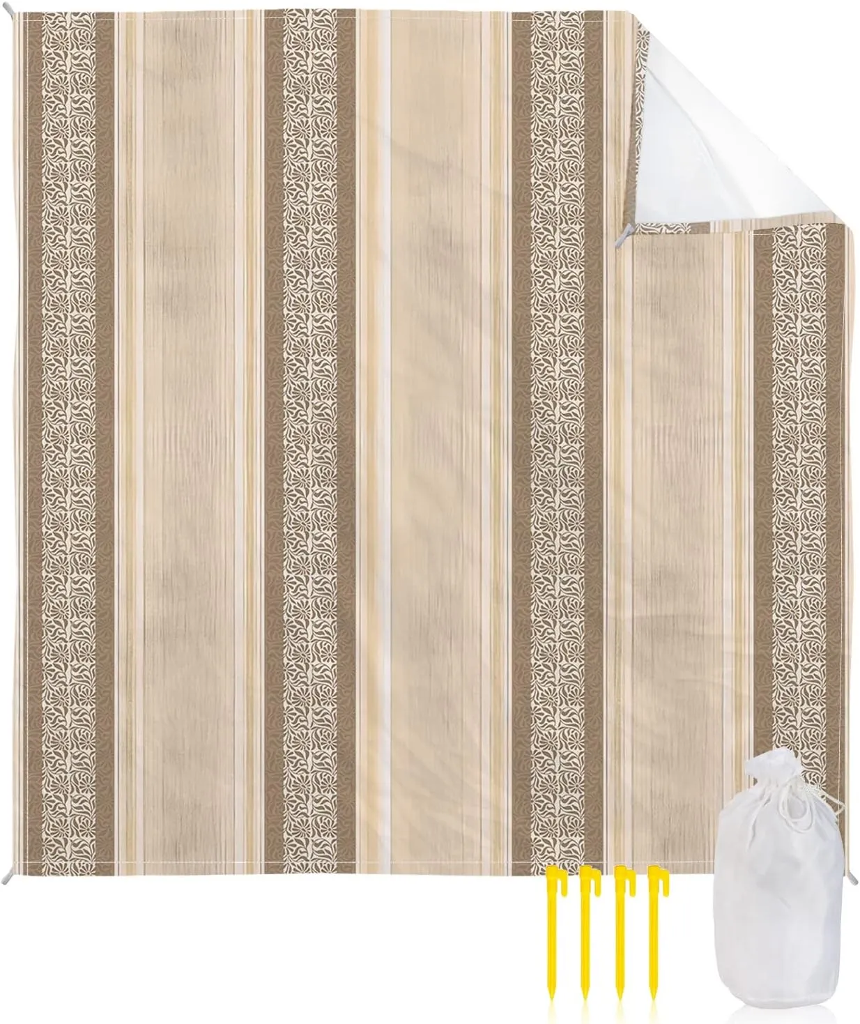 Beach Blanket Sandproof, Ethnic Style Abstract Brown Geometric Lines Flowers Waterproof Beach Mat Lightweight Quick Drying Picnic Blanket Beach Essentials for Travel Camping Hiking 83x79in