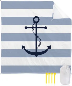 Beach Blanket Sandproof, Nautical Anchor Sky Blue and White Striped Waterproof Beach Mat Lightweight Quick Drying Picnic Blanket Beach Essentials for Travel Camping Hiking 83x79in