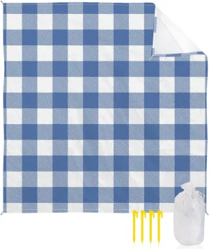 Beach Blanket Sandproof, Pastoral Style Blue Lattice Waterproof Beach Mat Lightweight Quick Drying Picnic Blanket Beach Essentials for Travel Camping Hiking 95x80in