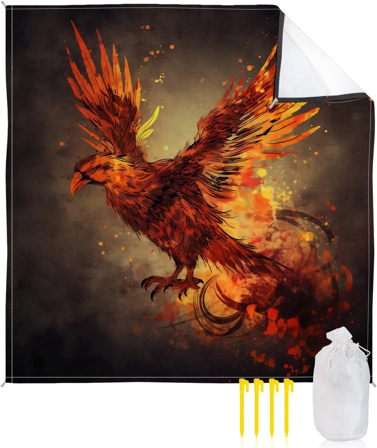 Beach Blanket Sandproof, Retro Animal Eagle Firebird Wings and Flame Waterproof Beach Mat Lightweight Quick Drying Picnic Blanket Beach Essentials for Travel Camping Hiking 83x79in