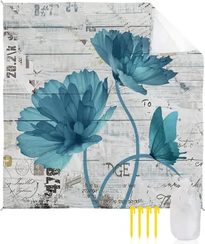 Beach Blanket Sandproof, Watercolor Butterfly Blue Floral Vintage Waterproof Beach Mat Lightweight Quick Drying Picnic Blanket Beach Essentials for Travel Camping Hiking 95x80in