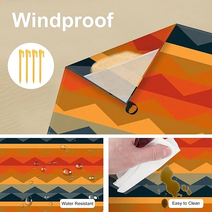 Beach Blanket Sandproof Waterproof, 78''×86'' Compact Lightweight Outdoor Mat Sand Free with 4 Stakes for 2-4 Adults, Large Foldable Picnic Pocket Blanket for Travel Camping, Hiking - Mirage Fortress