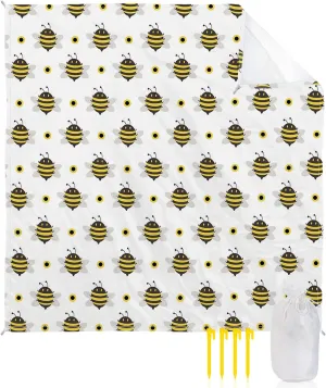 Beach Blanket Sandproof, Yellow Bee Animal Farmhouse White Waterproof Beach Mat Lightweight Quick Drying Picnic Blanket Beach Essentials for Travel Camping Hiking 83x79in