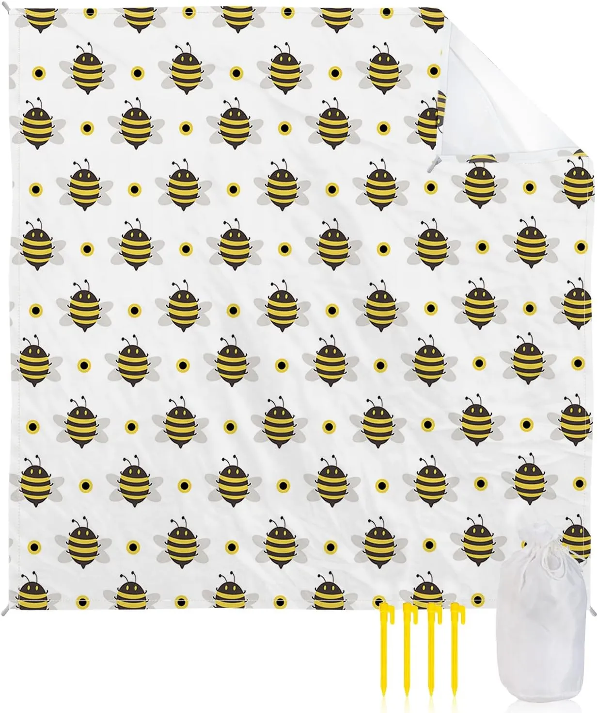 Beach Blanket Sandproof, Yellow Bee Animal Farmhouse White Waterproof Beach Mat Lightweight Quick Drying Picnic Blanket Beach Essentials for Travel Camping Hiking 83x79in