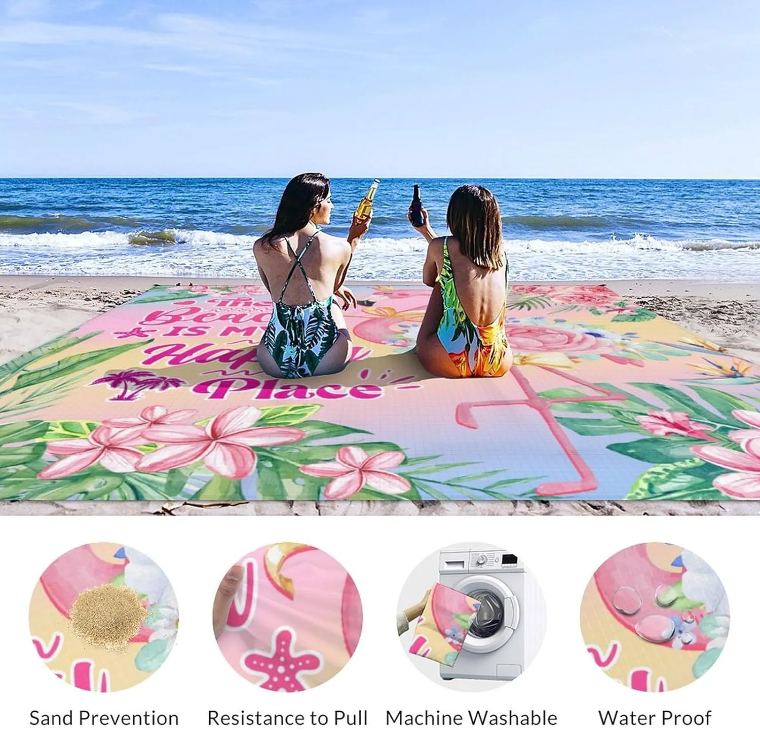 Beach Blanket Waterproof Sandproof, 118x110 Inches Oversized Flamingo Beach Mat for 6-8 Adults, Pink Lightweight Windproof Picnic Blanket with 4 Corner Pockets for Outdoor, Travel, Camping, Hiking