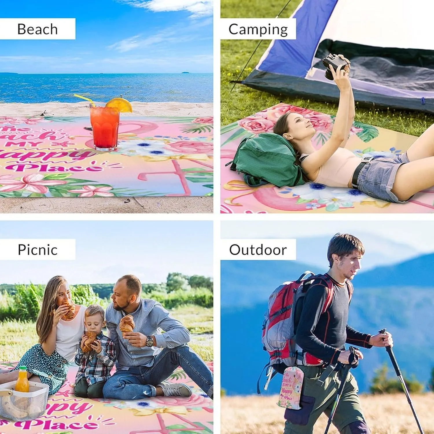 Beach Blanket Waterproof Sandproof, 118x110 Inches Oversized Flamingo Beach Mat for 6-8 Adults, Pink Lightweight Windproof Picnic Blanket with 4 Corner Pockets for Outdoor, Travel, Camping, Hiking