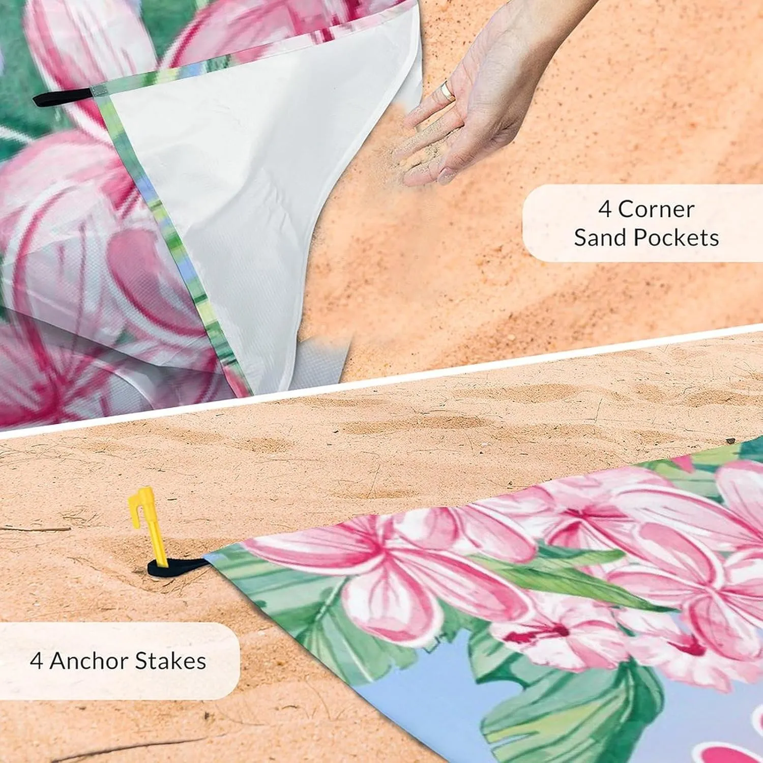 Beach Blanket Waterproof Sandproof, 118x110 Inches Oversized Flamingo Beach Mat for 6-8 Adults, Pink Lightweight Windproof Picnic Blanket with 4 Corner Pockets for Outdoor, Travel, Camping, Hiking