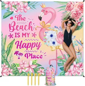 Beach Blanket Waterproof Sandproof, 118x110 Inches Oversized Flamingo Beach Mat for 6-8 Adults, Pink Lightweight Windproof Picnic Blanket with 4 Corner Pockets for Outdoor, Travel, Camping, Hiking