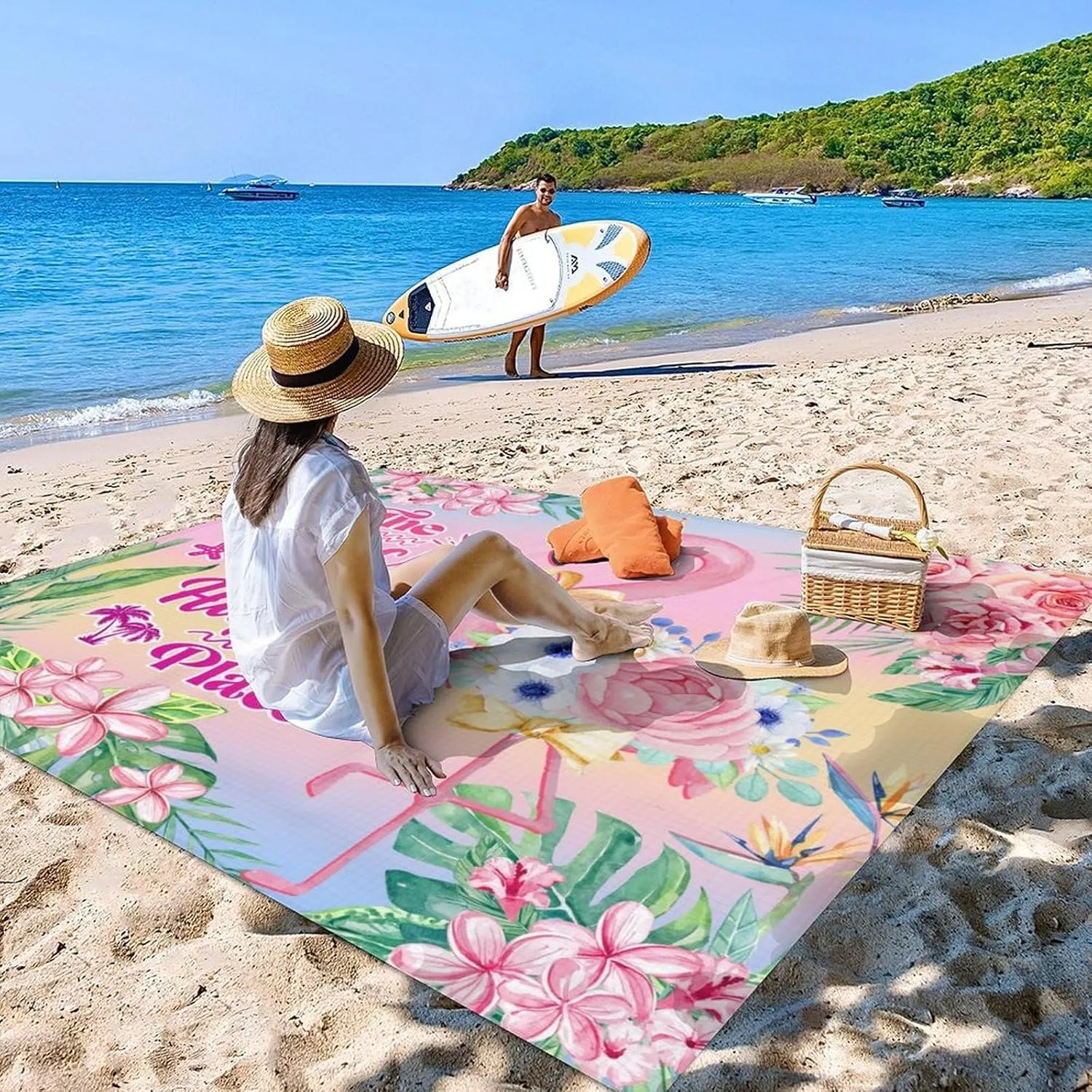 Beach Blanket Waterproof Sandproof, 118x110 Inches Oversized Flamingo Beach Mat for 6-8 Adults, Pink Lightweight Windproof Picnic Blanket with 4 Corner Pockets for Outdoor, Travel, Camping, Hiking