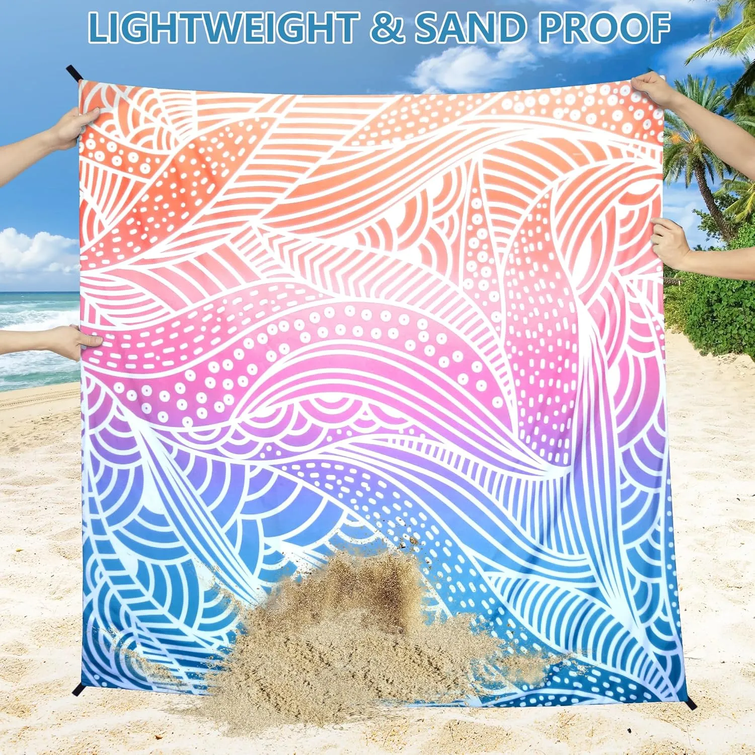 Beach Blanket Waterproof Sandproof Beach Mat 79”x 83” for 1-4 Adults Quick Drying Durable Outdoor Picnic Mat for Beach Festival Travel Camping Hiking (Gradiant-Ripple, 79"×83"(4 Person))