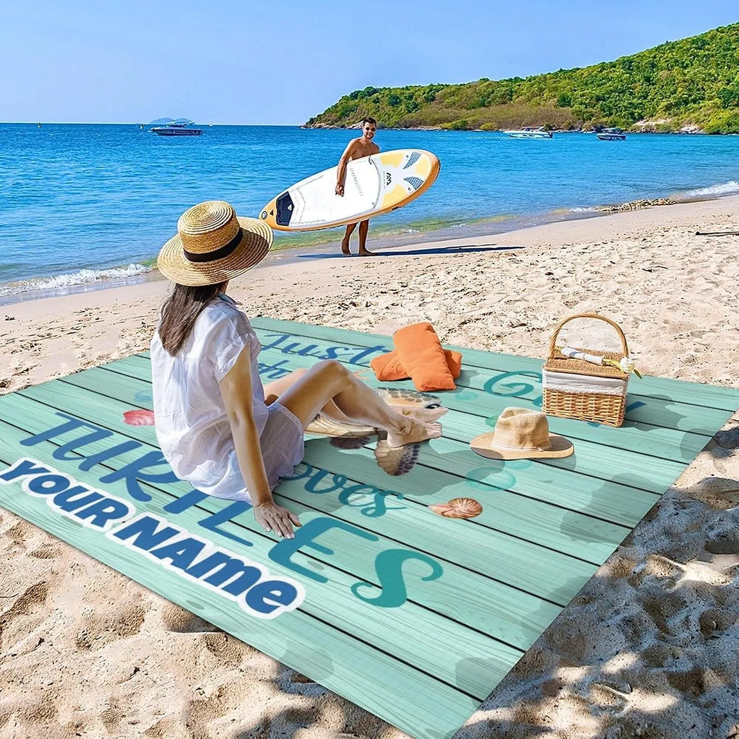 Beach Blanket Waterproof Sandproof - Custom Turtle Picnic Blanket - 110”x118” Beach Mats with Sand Pockets - Lightweight Outdoor Blanket for Camping & Travel - Polyester Mat with Portable Mesh Bag