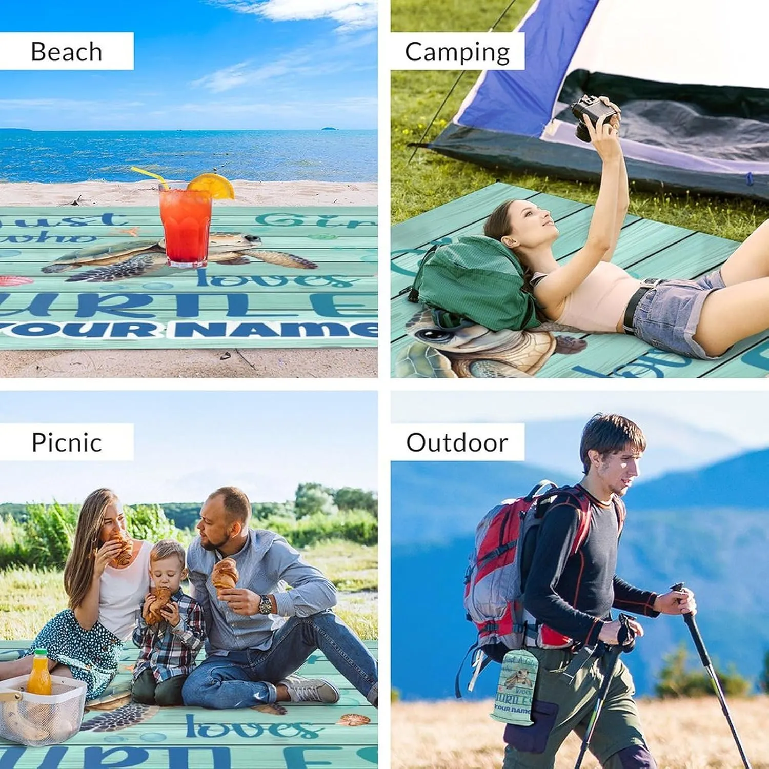 Beach Blanket Waterproof Sandproof - Custom Turtle Picnic Blanket - 110”x118” Beach Mats with Sand Pockets - Lightweight Outdoor Blanket for Camping & Travel - Polyester Mat with Portable Mesh Bag