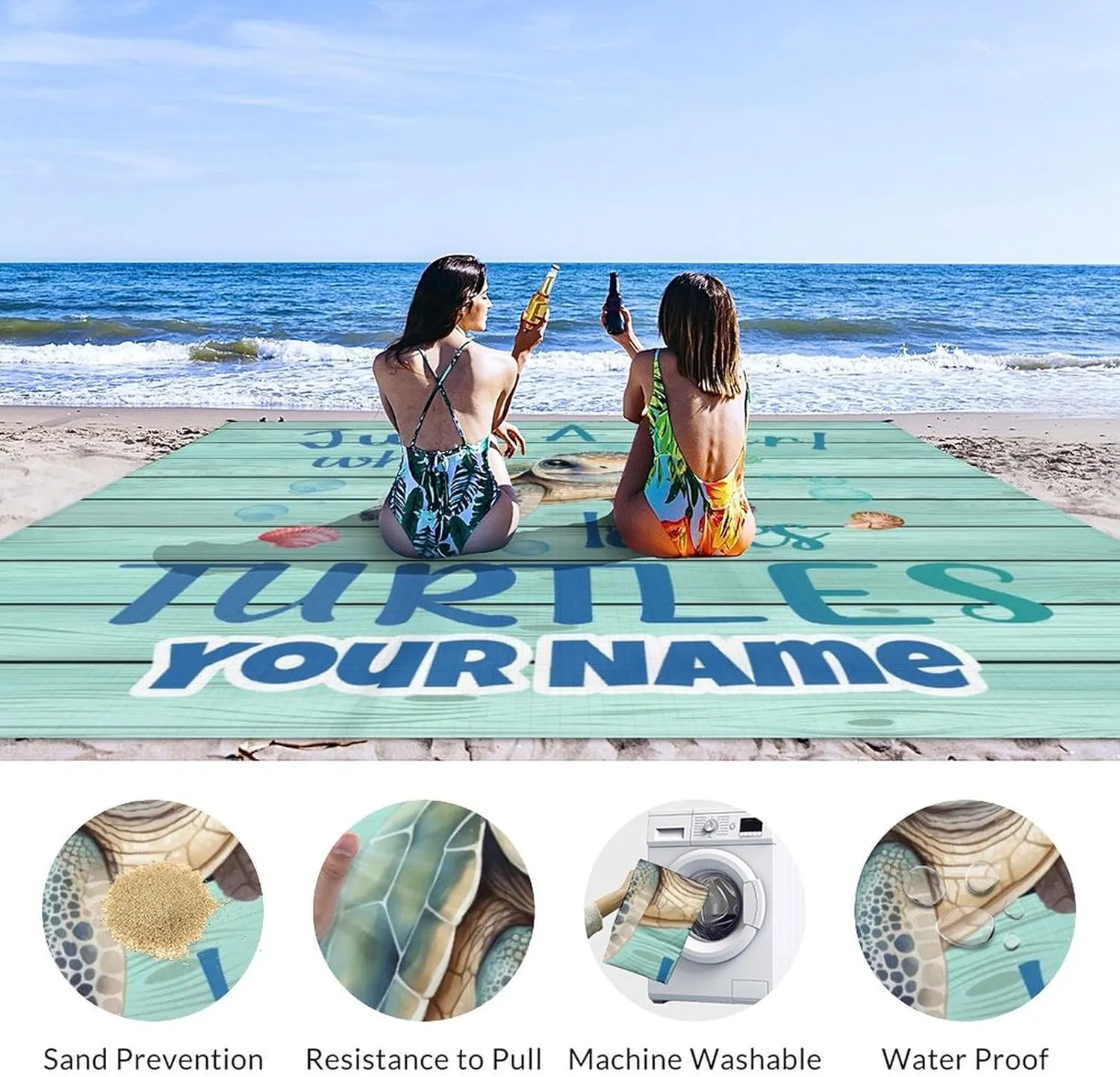 Beach Blanket Waterproof Sandproof - Custom Turtle Picnic Blanket - 110”x118” Beach Mats with Sand Pockets - Lightweight Outdoor Blanket for Camping & Travel - Polyester Mat with Portable Mesh Bag