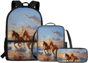 Beach Horses 17inch School Backpack for Boys Girls Sky Big Capacity Travel Rucksack for Primary Junior High School College Students Lunch Box and Pencil Case 3 in 1 Bookbag Set