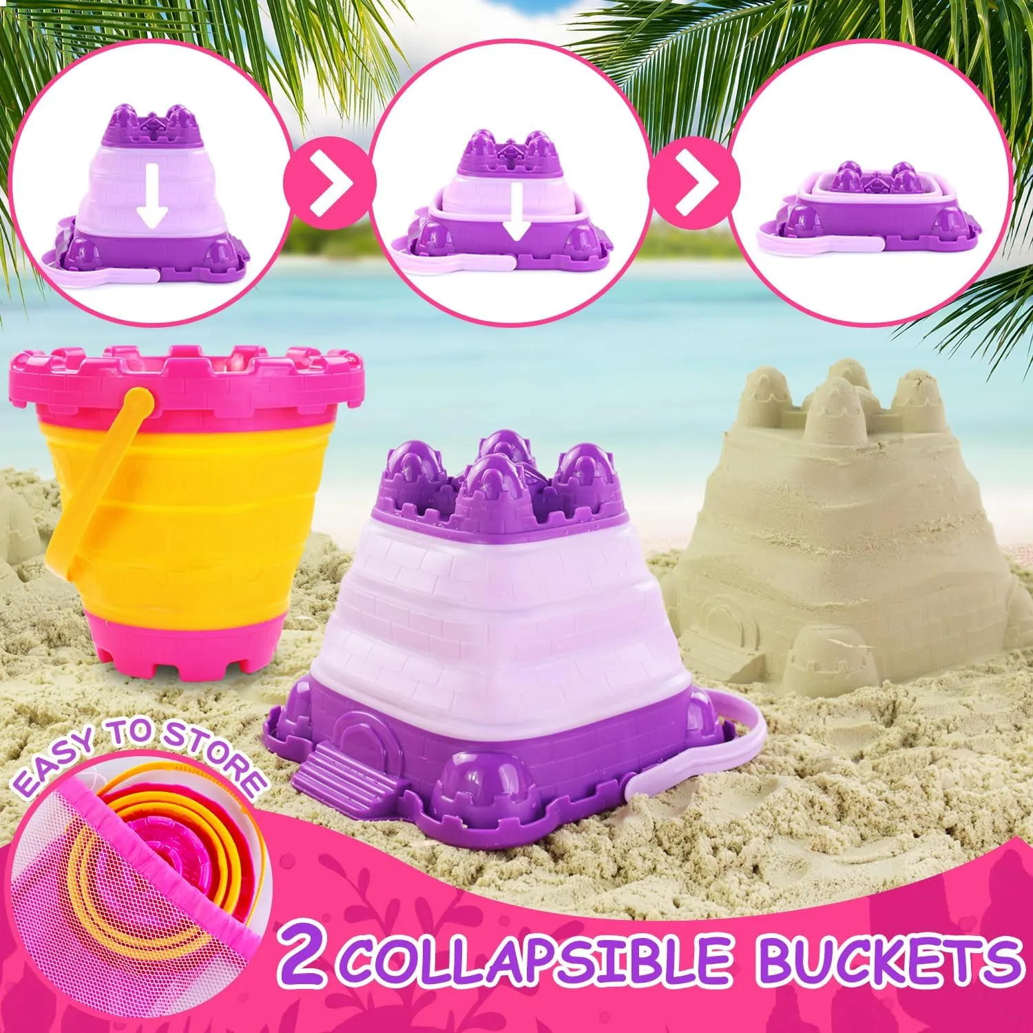 Beach Sand Toys, 50Pcs Sandbox Toys with 2 Collapsible Buckets, Mesh Backpack Bag, Shovels, Ice Cream, Cake & Castle Sand Molds, Summer Outdoor Travel Toys for Kids Toddlers Girls
