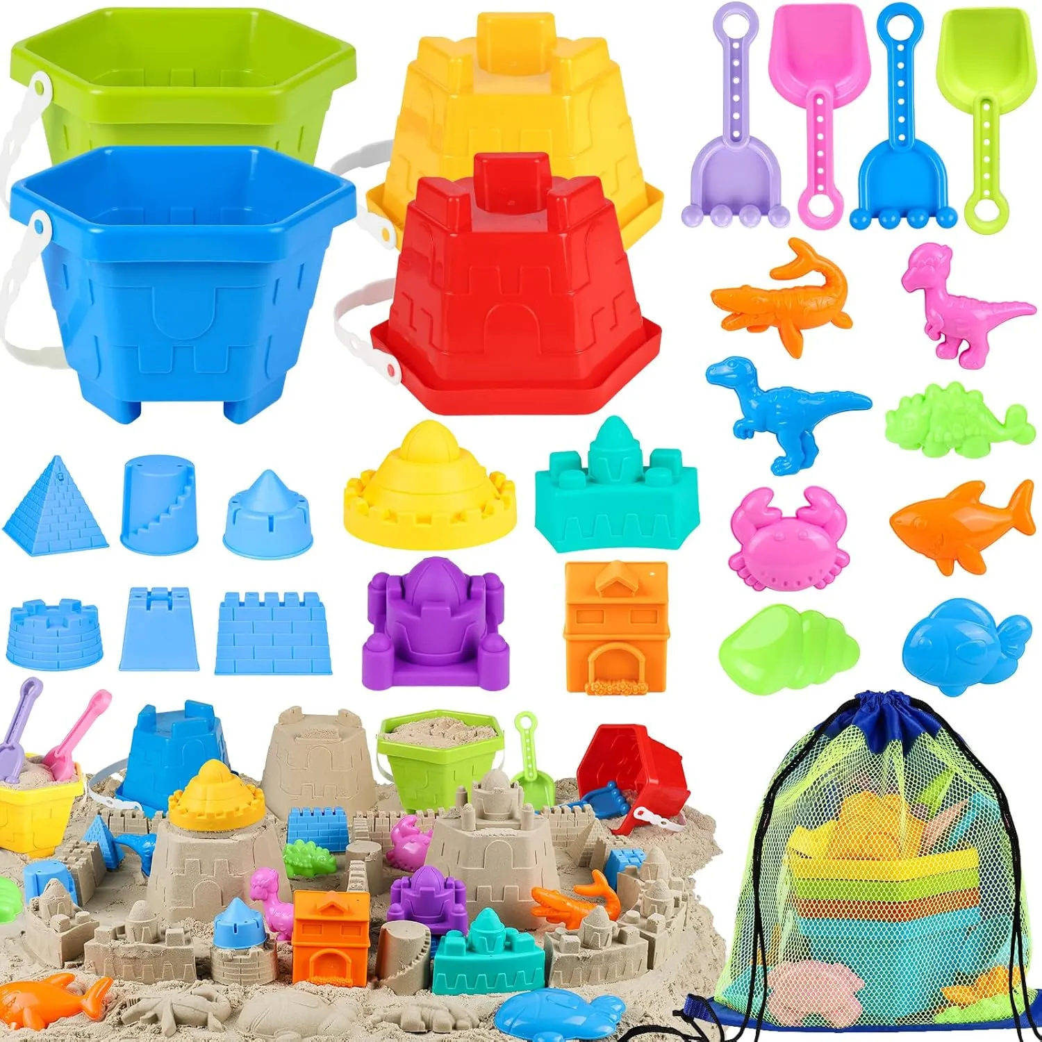 Beach Sand Toys, Sandbox Toys for Kids Family Sharing Set, Sand Castle Kit with 4 Beach Buckets and 4 Shovel Tools & Sand Molds, Travel Beach Toys for Toddlers Boys Girls Age 4-12