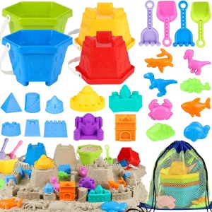 Beach Sand Toys, Sandbox Toys for Kids Family Sharing Set, Sand Castle Kit with 4 Beach Buckets and 4 Shovel Tools & Sand Molds, Travel Beach Toys for Toddlers Boys Girls Age 4-12