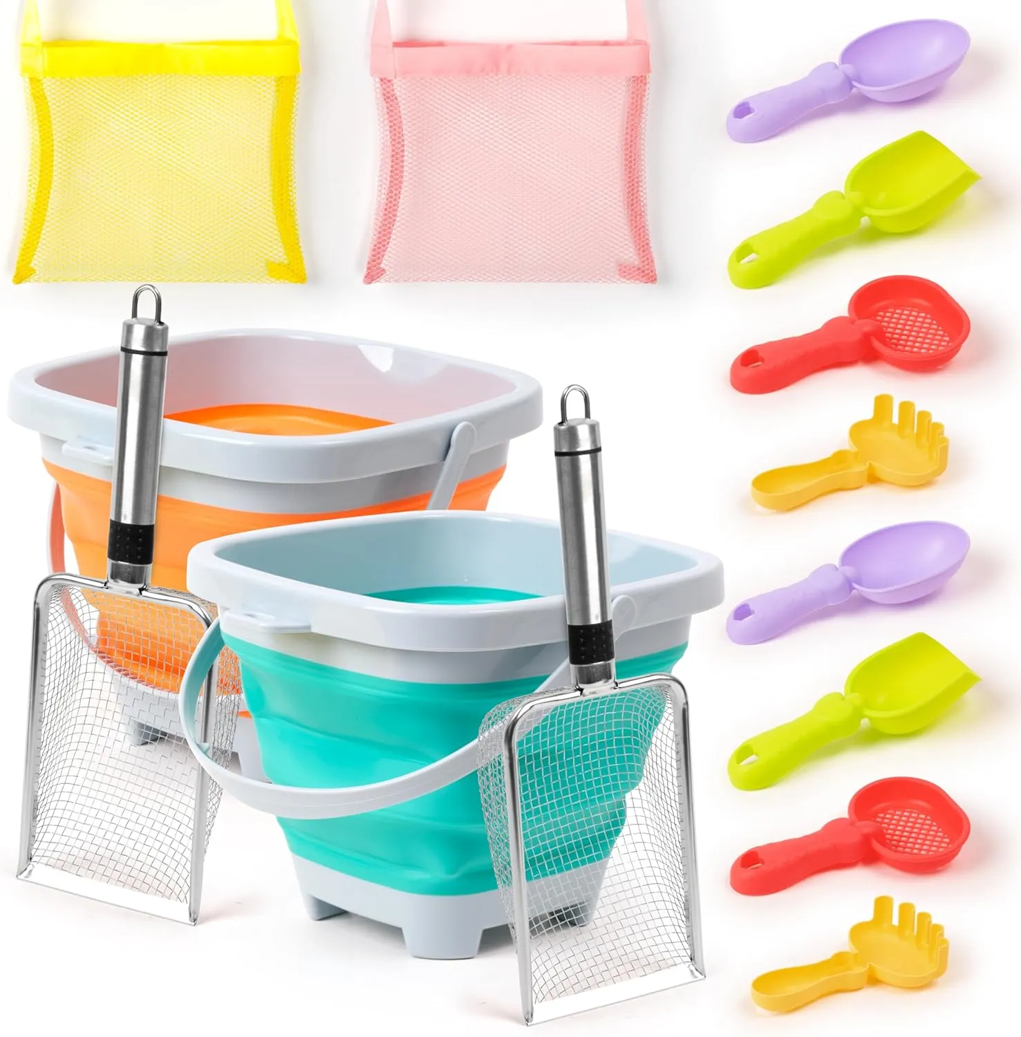 Beach Sand Toys Set with Stainless Steel Shovels, Shark Tooth Sifter & Mesh Bags – Durable Sand Toys for Beach, Family Beach Vacations Creative Sandcastle Building(14Pcs)