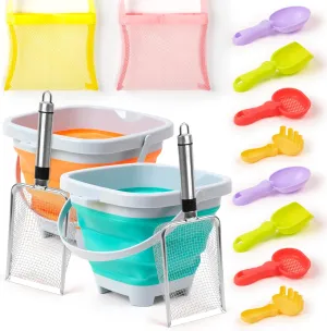 Beach Sand Toys Set with Stainless Steel Shovels, Shark Tooth Sifter & Mesh Bags – Durable Sand Toys for Beach, Family Beach Vacations Creative Sandcastle Building(14Pcs)