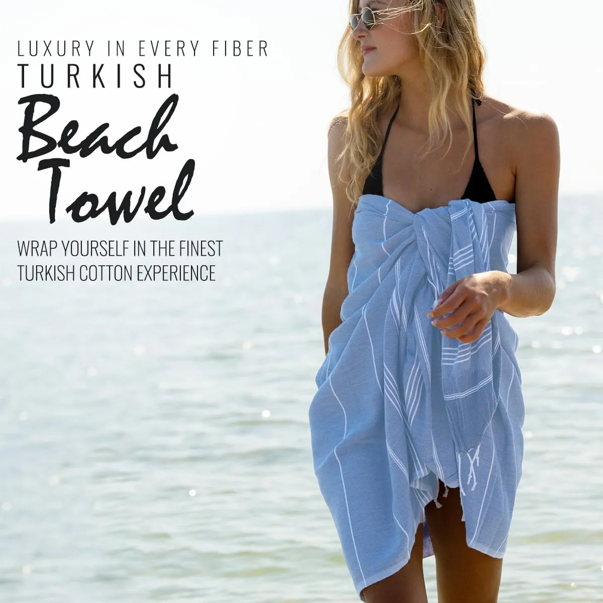 Beach Towel 100% Cotton Turkish Beach Towel Adult 38x70 Inch Pre-washed Absorbent Extra Large|Sand Free Quick Dry BathTowels|Lightweight Blanket|Travel Cruise Camping Spa Gym Towels|Directoire Blue