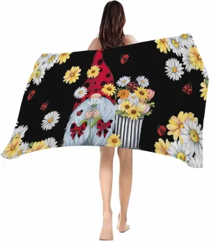 Beach Towel Ladybug Dwarf Yellow Watercolor Flower Quick Dry Oversized Beach Towels Sand Proof Absorbent Large Towel, Idyllic Bloom Floral on Black Soft Microfiber Bath Towel for Pool Swim