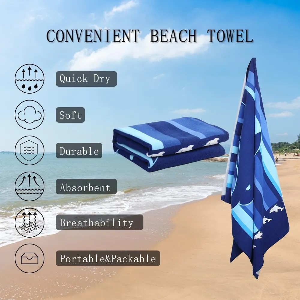 Beach Towel,30"x60" Microfiber Beach Towels for Travel, Absorbent Quick Dry Towel for Swimmers Pool Sand Proof Beach Towels for Women Men Girls Kids, Beach Accessories (Dolphin-2pc, 2pcs)