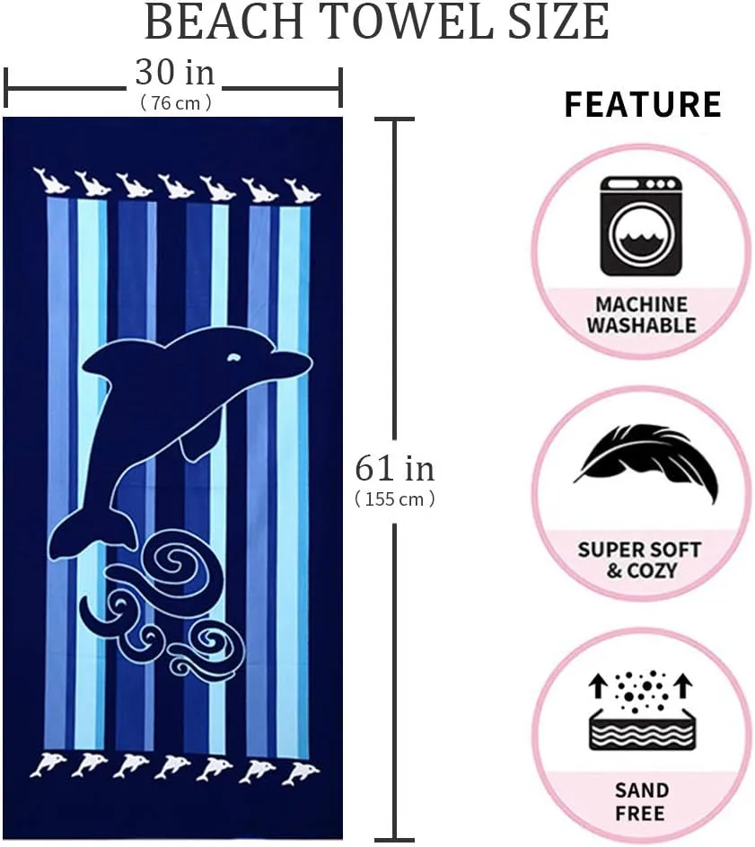 Beach Towel,30"x60" Microfiber Beach Towels for Travel, Absorbent Quick Dry Towel for Swimmers Pool Sand Proof Beach Towels for Women Men Girls Kids, Beach Accessories (Dolphin-2pc, 2pcs)