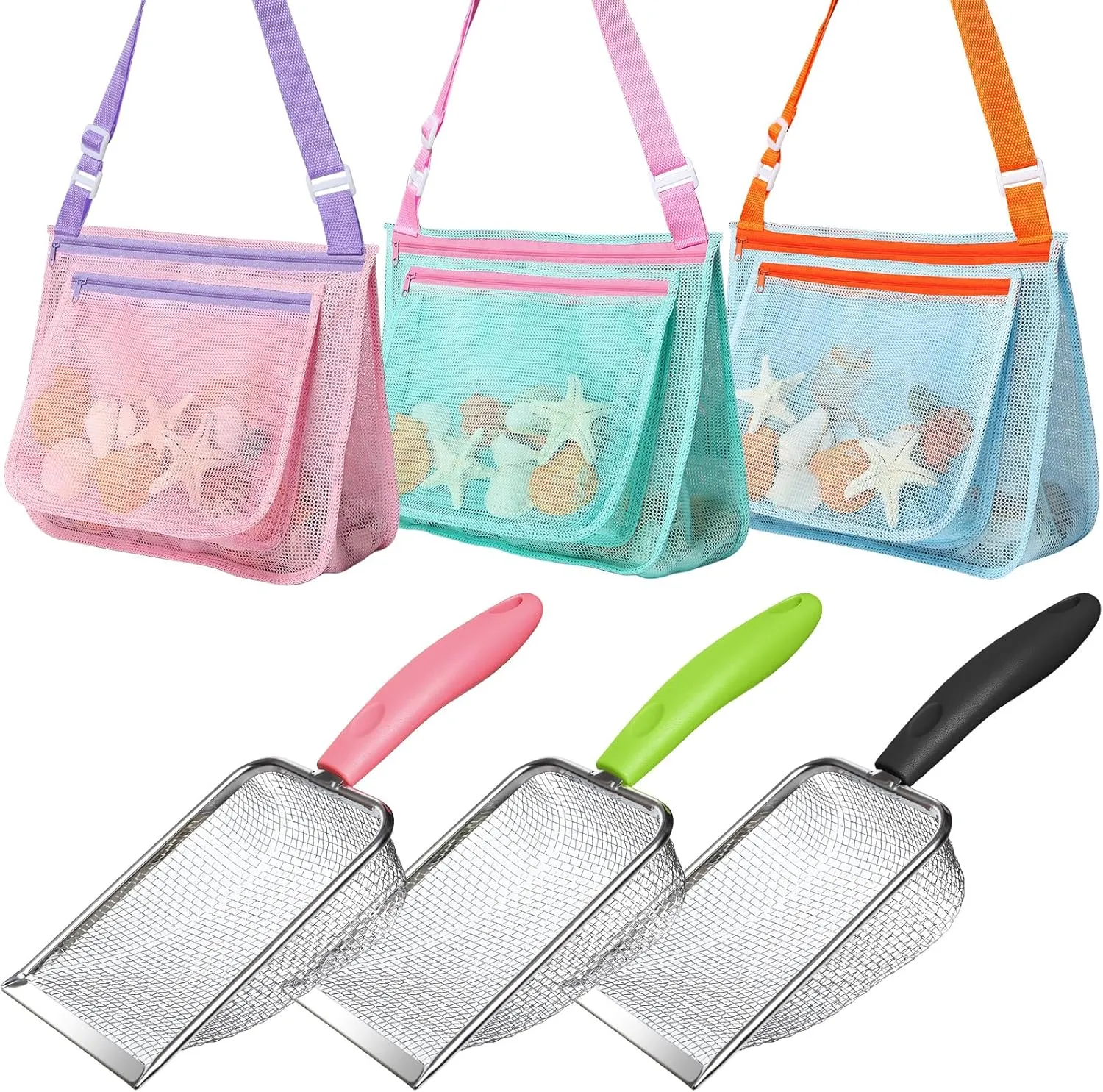 Beach Toy Set Include 3 Mesh Shovels and 3 Beach Mesh Bags,Kids Sand Sifter Colorful Mesh Bag for Shells Collecting