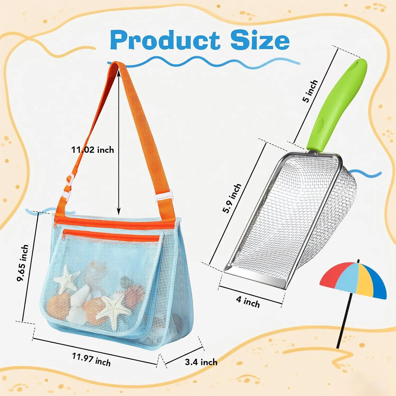Beach Toy Set Include 3 Mesh Shovels and 3 Beach Mesh Bags,Kids Sand Sifter Colorful Mesh Bag for Shells Collecting